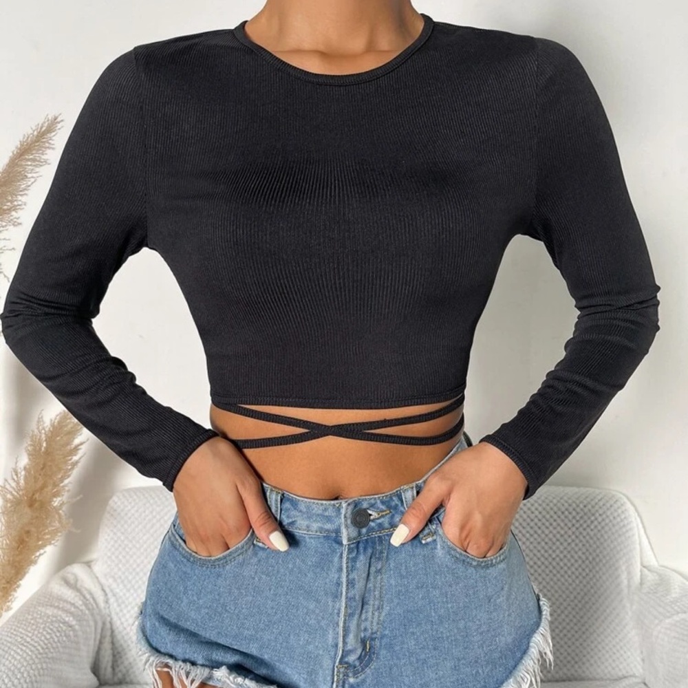 Long sleeve criss cross wrap around tie crop top ribbed knit black y2k - Picture 1 of 4